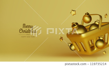 Happy New Year and Merry Christmas. Christmas holiday background with realistic 3d objects,gold and red bauble balls, conical metal stars. Levitation falling design composition. 119735214