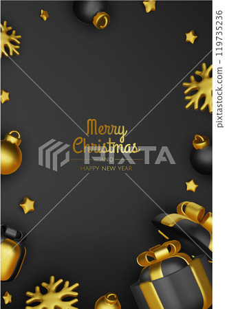 Happy New Year and Merry Christmas. Christmas holiday background with realistic 3d objects,gold and red bauble balls, conical metal stars. Levitation falling design composition. 119735236