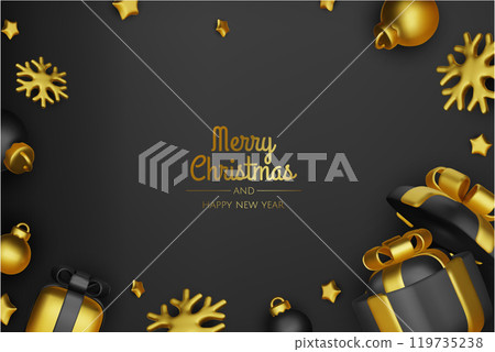 Happy New Year and Merry Christmas. Christmas holiday background with realistic 3d objects,gold and red bauble balls, conical metal stars. Levitation falling design composition. Happy New Year and Merry Christmas. Christmas holiday background with realistic 3d objects,gold and red bauble balls, conical metal stars. Levitation falling design composition. 119735238
