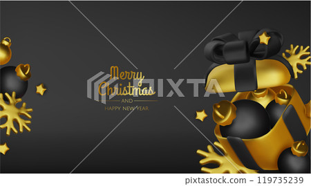 Happy New Year and Merry Christmas. Christmas holiday background with realistic 3d objects,gold and red bauble balls, conical metal stars. Levitation falling design composition. Happy New Year and Merry Christmas. Christmas holiday background with realistic 3d objects,gold and red bauble balls, conical metal stars. Levitation falling design composition. 119735239