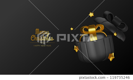 Happy New Year and Merry Christmas. Christmas holiday background with realistic 3d objects,gold and red bauble balls, conical metal stars. Levitation falling design composition. 119735246