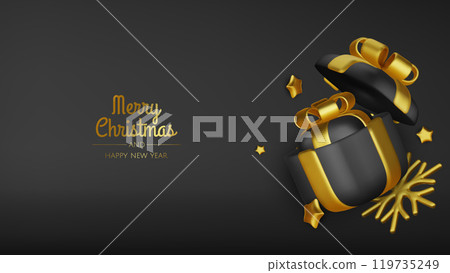 Happy New Year and Merry Christmas. Christmas holiday background with realistic 3d objects,gold and red bauble balls, conical metal stars. Levitation falling design composition. Happy New Year and Merry Christmas. Christmas holiday background with realistic 3d objects,gold and red bauble balls, conical metal stars. Levitation falling design composition. 119735249