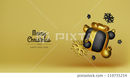 Happy New Year and Merry Christmas. Christmas holiday background with realistic 3d objects,gold and red bauble balls, conical metal stars. Levitation falling design composition. 119735254