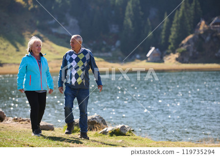 Elderly couple strolling through the breathtaking beauty of nature, maintaining their vitality and serenity, embracing the joys of a health-conscious and harmonious lifestyle 119735294