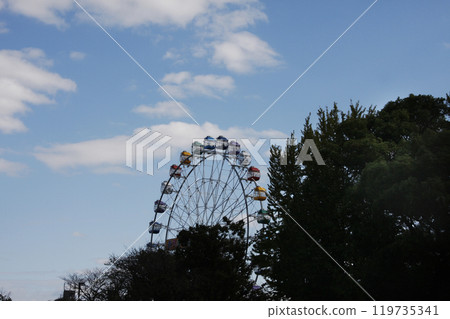 The Ferris wheel stands out against the blue sky. The amusement park is bustling with families. The Ferris wheel stands out against the blue sky. The amusement park is bustling with families. 119735341