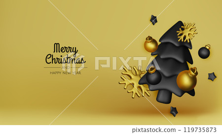 Merry Christmas and happy new year background. Christmas tree, Gift boxes, Christmas balls. Christmas element for web, banners, greeting card, template design. 119735873
