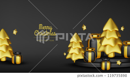 Merry Christmas and happy new year background. Christmas tree, Gift boxes, Christmas balls. Christmas element for web, banners, greeting card, template design. 119735898