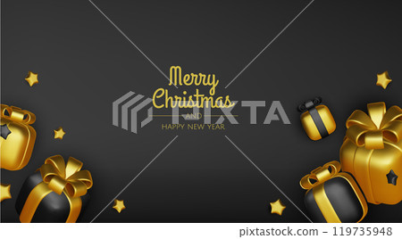 Happy New Year and Merry Christmas. Christmas holiday background with realistic 3d objects,gold and red bauble balls, conical metal stars. Levitation falling design composition. 119735948