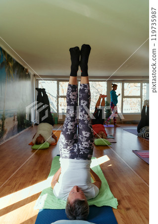 Senior Women Embrace Wellness: Yoga and Stretching in a Sunlit Space 119735987