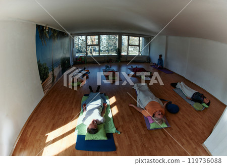 Senior Women Embrace Wellness: Yoga and Stretching in a Sunlit Space 119736088