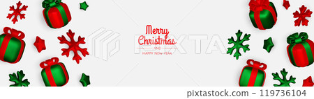 Happy New Year and Merry Christmas. Christmas holiday background with realistic 3d objects,gold and red bauble balls, conical metal stars, gift. Levitation falling design composition. Happy New Year and Merry Christmas. Christmas holiday background with realistic 3d objects,gold and red bauble balls, conical metal stars, gift. Levitation falling design composition. 119736104