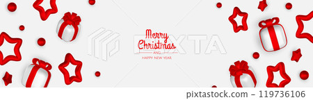 Happy New Year and Merry Christmas. Christmas holiday background with realistic 3d objects,gold and red bauble balls, conical metal stars, gift. Levitation falling design composition. Happy New Year and Merry Christmas. Christmas holiday background with realistic 3d objects,gold and red bauble balls, conical metal stars, gift. Levitation falling design composition. 119736106