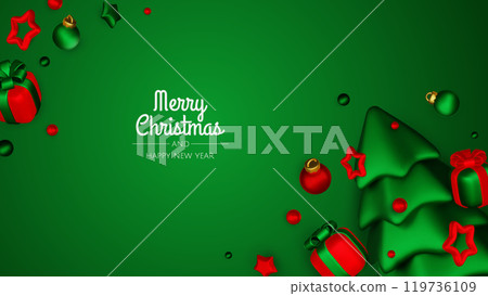 Happy New Year and Merry Christmas. Christmas holiday background with realistic 3d objects,gold and red bauble balls, conical metal stars, gift. Levitation falling design composition. Happy New Year and Merry Christmas. Christmas holiday background with realistic 3d objects,gold and red bauble balls, conical metal stars, gift. Levitation falling design composition. 119736109