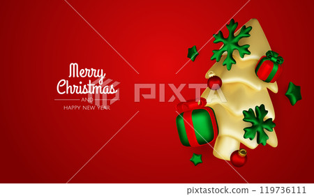 Merry christmas greeting card vector poster. Christmas elegant invitation template with xmas balls, xmas tree and snowflakes. Vector illustration holiday season greeting 119736111
