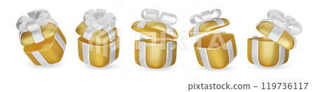 Set of realistic 3d render gift boxes. Gold gift box with golden bow and ribbon. Gift box in different angles. Vector illustration. 119736117