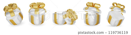 Set of realistic 3d render gift boxes. Gold gift box with golden bow and ribbon. Gift box in different angles. Vector illustration. 119736119