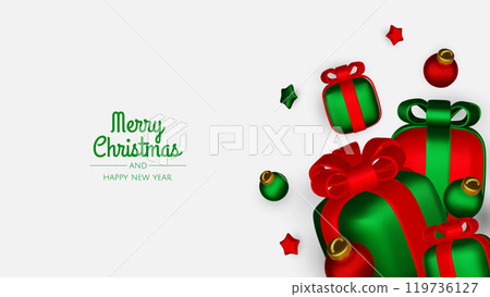 Christmas winter festive composition. Colorful Xmas background realistic 3d decorative design objects, christmas tree, gift boxes, xmas ball, gold confetti. Happy New Year. Vector illustration Christmas winter festive composition. Colorful Xmas background realistic 3d decorative design objects, christmas tree, gift boxes, xmas ball, gold confetti. Happy New Year. Vector illustration 119736127