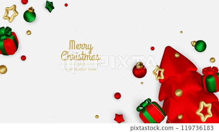 Merry christmas greeting card vector poster. Christmas elegant invitation template with xmas balls, xmas tree and snowflakes. Vector illustration holiday season greeting 119736183