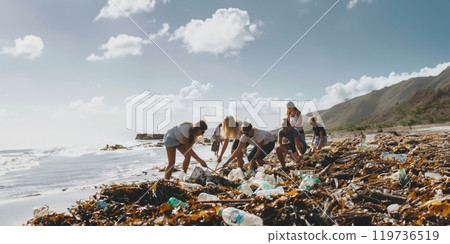 Eco volunteers wearing masks cleaning trash from the beach and ocean.Generated image 119736519