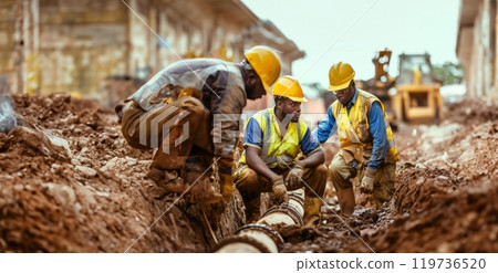 Group of African engineers working with large pipes underground in protective gear.Generated image 119736520