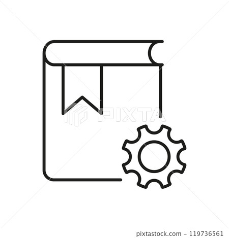 Book and Gear Line Icon for Settings and Support Guide. Manual and Configuration Outline Symbol with Gear for Technical Support. Editable Stroke. Isolated Vector Illustration 119736561