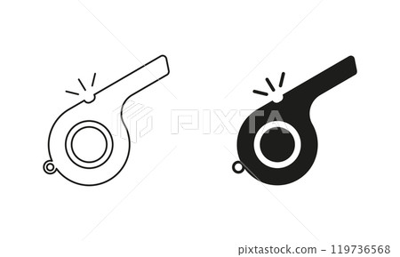 Whistle Line and Silhouette Icon for Referee or Sports Equipment. Referee Sport Tool Symbol. Signal or Alert Sound Tool. Editable Stroke. Isolated Vector Illustration 119736568