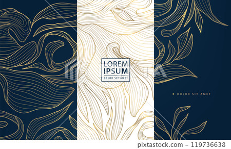 Vector set of leaf abstract pattern, floral line golden labels, posters, elegant luxury plant cards. Herbal illustrations, package. 119736638