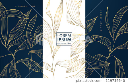 Vector set of leaf abstract pattern, floral line golden labels, posters, elegant luxury plant cards. Herbal illustrations, package. 119736640