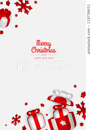 Merry christmas greeting card vector poster. Christmas elegant invitation template with xmas balls, xmas tree and snowflakes. Vector illustration holiday season greeting 119736651