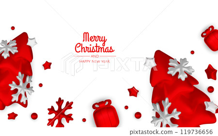 Merry christmas greeting card vector poster. Christmas elegant invitation template with xmas balls, xmas tree and snowflakes. Vector illustration holiday season greeting 119736656