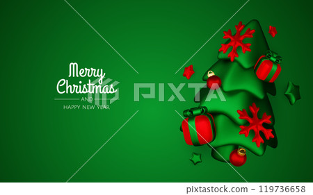 Merry christmas greeting card vector poster. Christmas elegant invitation template with xmas balls, xmas tree and snowflakes. Vector illustration holiday season greeting Merry christmas greeting card vector poster. Christmas elegant invitation template with xmas balls, xmas tree and snowflakes. Vector illustration holiday season greeting 119736658