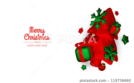 Merry christmas greeting card vector poster. Christmas elegant invitation template with xmas balls, xmas tree and snowflakes. Vector illustration holiday season greeting 119736660