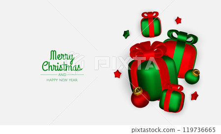 Merry Christmas and happy new year background. Christmas tree, Gift boxes, Christmas balls. Christmas element for web, banners, greeting card, template design. 119736665