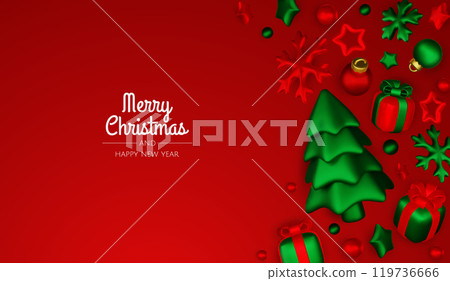 Merry Christmas and happy new year background. Christmas tree, Gift boxes, Christmas balls. Christmas element for web, banners, greeting card, template design. 119736666