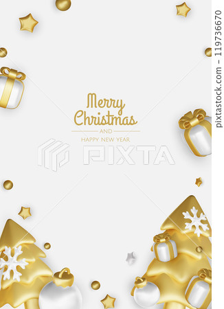 Merry Christmas and happy new year background. Christmas tree, Gift boxes, Christmas balls. Christmas element for web, banners, greeting card, template design. 119736670