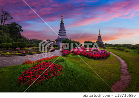 Doi Inthanon national park in winter in sunset of Thailand. Pagoda on Inthanon national park at Chiang mai, Thailand. 119736680