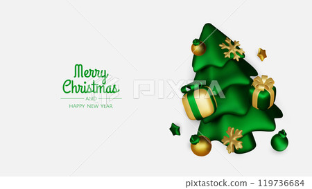 Merry Christmas and happy new year background. Christmas tree, Gift boxes, Christmas balls. Christmas element for web, banners, greeting card, template design. 119736684