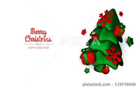 Happy New Year and Merry Christmas. Christmas holiday background with realistic 3d objects,gold and red bauble balls, conical metal stars, gift. Levitation falling design composition. Happy New Year and Merry Christmas. Christmas holiday background with realistic 3d objects,gold and red bauble balls, conical metal stars, gift. Levitation falling design composition. 119736690