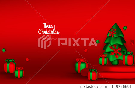 Happy New Year and Merry Christmas. Christmas holiday background with realistic 3d objects,gold and red bauble balls, conical metal stars, gift. Levitation falling design composition. Happy New Year and Merry Christmas. Christmas holiday background with realistic 3d objects,gold and red bauble balls, conical metal stars, gift. Levitation falling design composition. 119736691