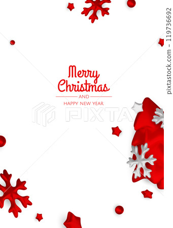 Happy New Year and Merry Christmas. Christmas holiday background with realistic 3d objects,gold and red bauble balls, conical metal stars, gift. Levitation falling design composition. Happy New Year and Merry Christmas. Christmas holiday background with realistic 3d objects,gold and red bauble balls, conical metal stars, gift. Levitation falling design composition. 119736692