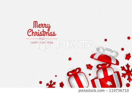 Happy New Year and Merry Christmas. Christmas holiday background with realistic 3d objects,gold and red bauble balls, conical metal stars, gift. Levitation falling design composition. Happy New Year and Merry Christmas. Christmas holiday background with realistic 3d objects,gold and red bauble balls, conical metal stars, gift. Levitation falling design composition. 119736710