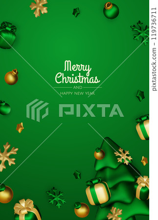 Happy New Year and Merry Christmas. Christmas holiday background with realistic 3d objects,gold and red bauble balls, conical metal stars, gift. Levitation falling design composition. Happy New Year and Merry Christmas. Christmas holiday background with realistic 3d objects,gold and red bauble balls, conical metal stars, gift. Levitation falling design composition. 119736711