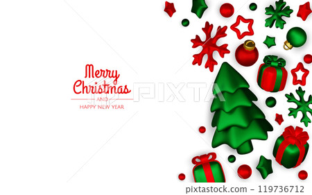 Happy New Year and Merry Christmas. Christmas holiday background with realistic 3d objects,gold and red bauble balls, conical metal stars, gift. Levitation falling design composition. Happy New Year and Merry Christmas. Christmas holiday background with realistic 3d objects,gold and red bauble balls, conical metal stars, gift. Levitation falling design composition. 119736712