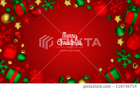 Happy New Year and Merry Christmas. Christmas holiday background with realistic 3d objects,gold and red bauble balls, conical metal stars, gift. Levitation falling design composition. 119736714