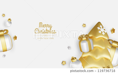 Merry Christmas and happy new year background. Christmas tree, Gift boxes, Christmas balls. Christmas element for web, banners, greeting card, template design. 119736718