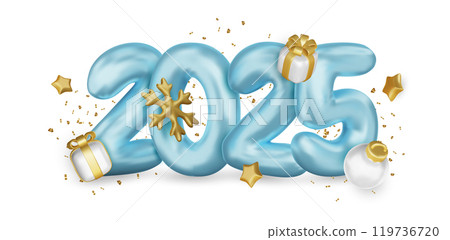 2025 Realistic glossy number with gold gift box. Happy New Year and Merry Christmas 2025. Greeting card. Vector 3d rendering. 119736720