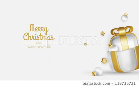 Merry Christmas and happy new year background. Christmas tree, Gift boxes, Christmas balls. Christmas element for web, banners, greeting card, template design. 119736721
