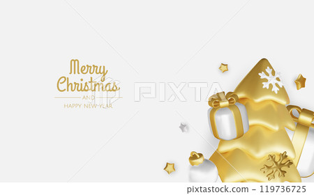 Merry Christmas and happy new year background. Christmas tree, Gift boxes, Christmas balls. Christmas element for web, banners, greeting card, template design. 119736725