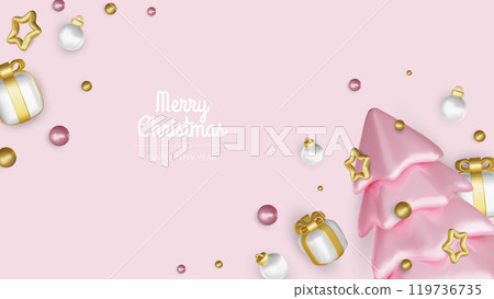 Merry christmas greeting card vector poster. Christmas elegant invitation template with xmas balls, xmas tree and snowflakes. Vector illustration holiday season greeting 119736735