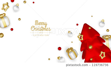Happy New Year and Merry Christmas. Christmas holiday background with realistic 3d objects,gold and red bauble balls, conical metal stars. Levitation falling design composition. 119736736